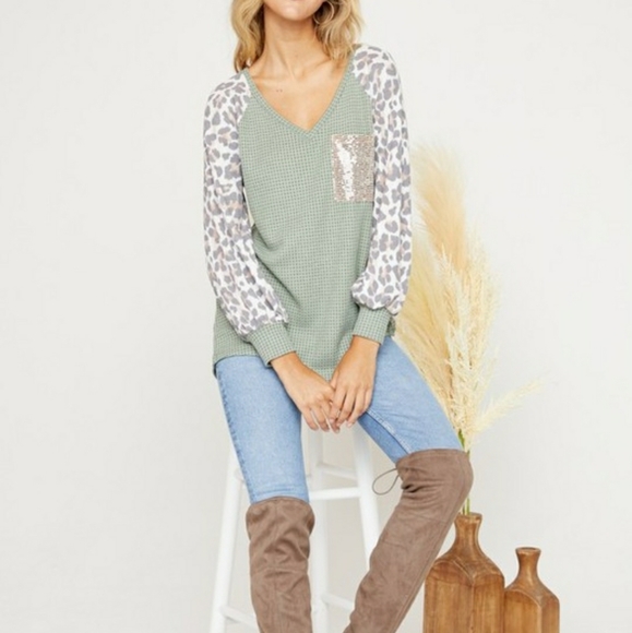 Last! Sage Waffle Knit Long Sleeve Top - Picture 2 of 3
